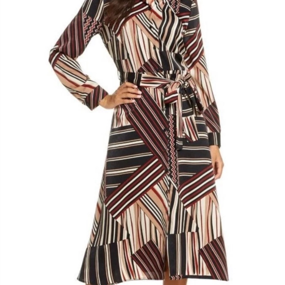 1901 Multicolor Geometric Long Sleeve Collared Belted Dress XS Black Brown White